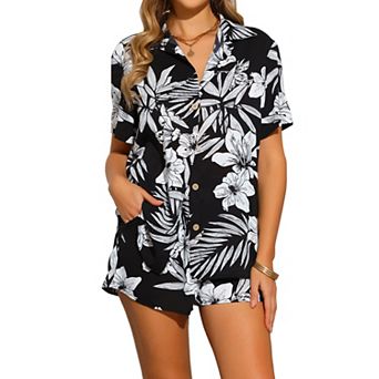 Outfits 2 pc Sets for Women's Tropical Floral Button Down Shirt and Shorts Casual Beachwear Sets