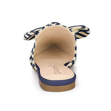 Women's Pointed Toe Slip on Flat Stripe Bow Slides Mules