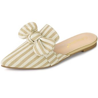 Women's Pointed Toe Slip on Flat Stripe Bow Slides Mules