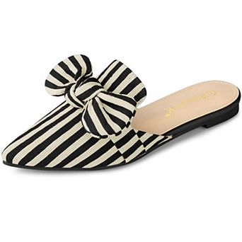 Women's Pointed Toe Slip on Flat Stripe Bow Slides Mules