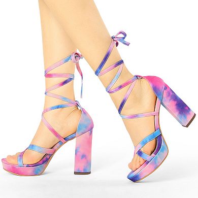 Women's Tie Dye Platform Chunky Heel Lace Up Sandals