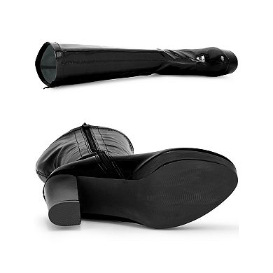 Women's Patent Leather Platform Gogo Boots Chunky Heel Knee High Boots