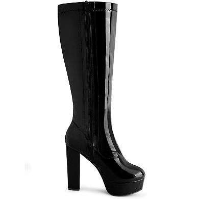 Women's Patent Leather Platform Gogo Boots Chunky Heel Knee High Boots