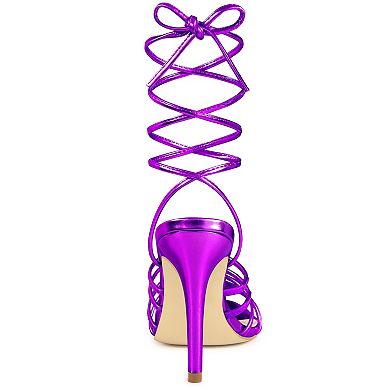 Women's Lace Up Strappy Slingback Stiletto High Heel Metallic Sandals