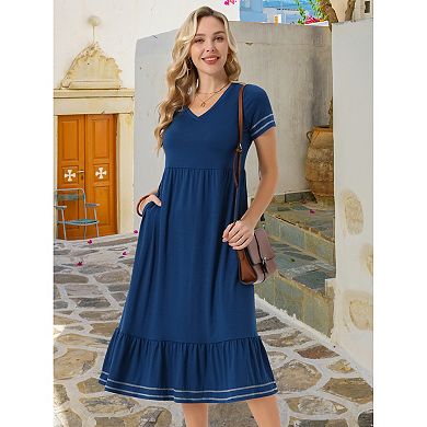 Women's Summer Dress V Neck Short Sleeve Contrast Trim A Line Midi Summer Dress with Pockets