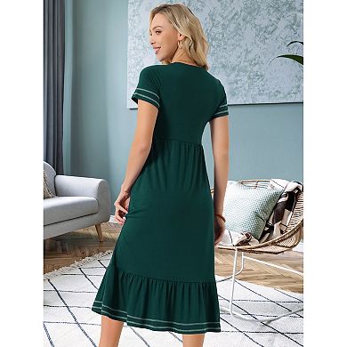 Women's Summer Dress V Neck Short Sleeve Contrast Trim A Line Midi Summer Dress with Pockets