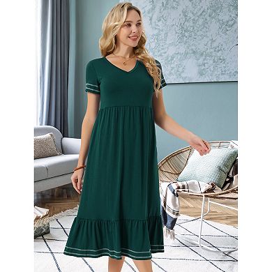 Women's Summer Dress V Neck Short Sleeve Contrast Trim A Line Midi Summer Dress with Pockets