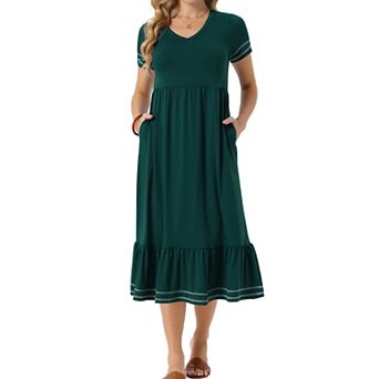 Women's Summer Dress V Neck Short Sleeve Contrast Trim A Line Midi Summer Dress with Pockets