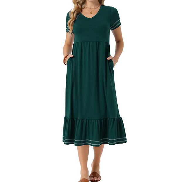 Women's Summer Dress V Neck Short Sleeve Contrast Trim A Line Midi Summer  Dress with Pockets