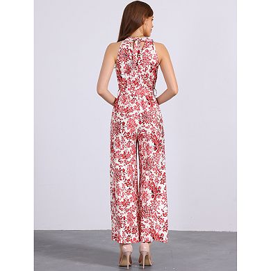 Boho Jumpsuit for Women's Sleevless Tie Halter Neck Belt Slit Wide Leg Pants