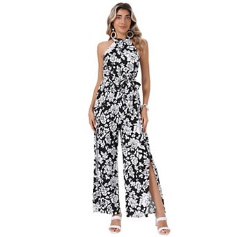 Boho Jumpsuit for Women's Sleevless Tie Halter Neck Belt Slit Wide Leg Pants