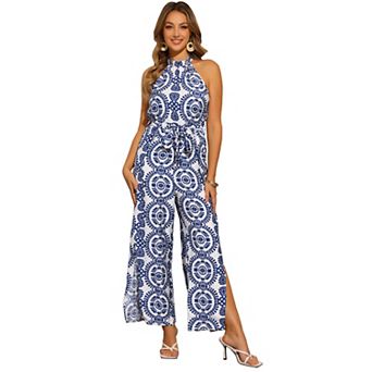 Boho Jumpsuit for Women's Sleevless Tie Halter Neck Belt Slit Wide Leg Pants