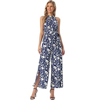 Boho Jumpsuit for Women's Sleevless Tie Halter Neck Belt Slit Wide Leg Pants