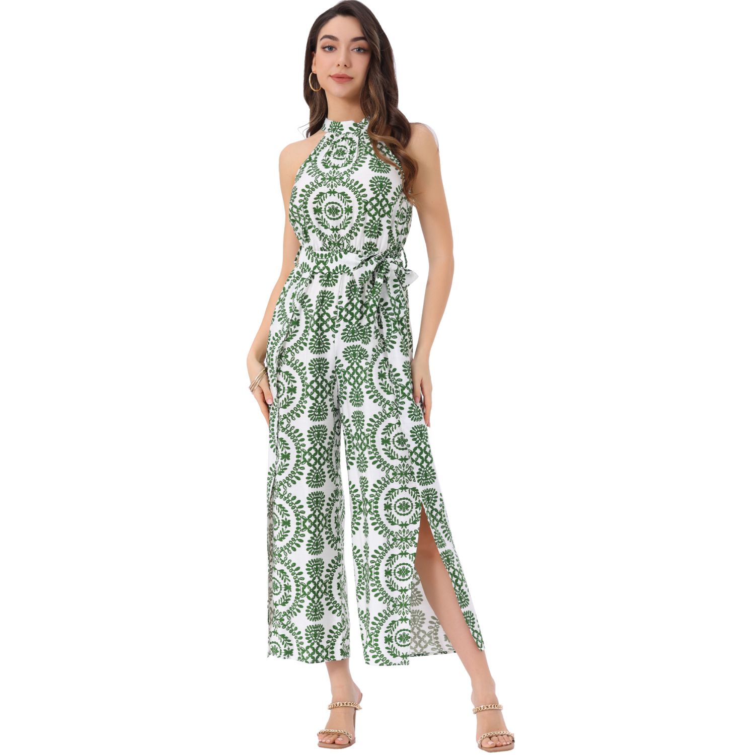 Женские брюки Boho Jumpsuit for Sleevless Tie Halter Neck Belt Slit Wide Leg Pants