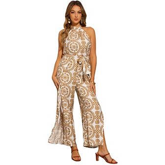 Boho Jumpsuit for Women's Sleevless Tie Halter Neck Belt Slit Wide Leg Pants