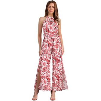 Boho Jumpsuit for Women's Sleevless Tie Halter Neck Belt Slit Wide Leg Pants