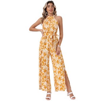 Boho Jumpsuit for Women's Sleevless Tie Halter Neck Belt Slit Wide Leg Pants