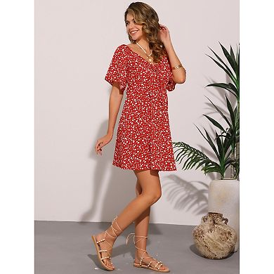 Summer Short Sleeve Floral Dress for Women's Elegant Bow Tie V Neck Sundresses