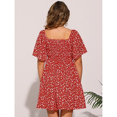 Summer Short Sleeve Floral Dress for Women's Elegant Bow Tie V Neck Sundresses
