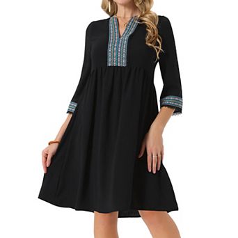 Women's Contrast Color Babydoll Dress V Neck 3/4 Sleeves Loose Fit Flowy Beach Dress with Pockets