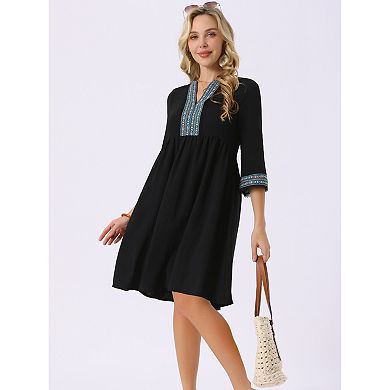 Joiemont Womens Embroidered Dress With V-Neck And 3/4 Sleeves
