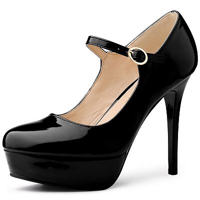 Allegra K Women's Platform Round Toe Ankle Strap Stiletto High Heel Pumps Black 7