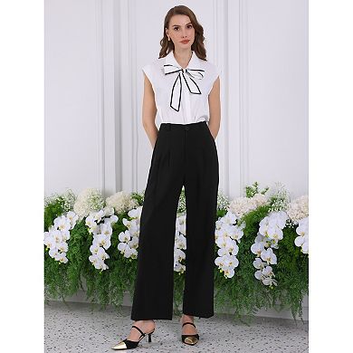 Women's Work Pant Pleated Front Formal Office Straight Trousers with Pockets