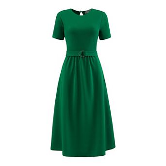 Women's A-Line Summer Dress Crew Neck Short Sleeve Belted Casual Work Flare Dresses
