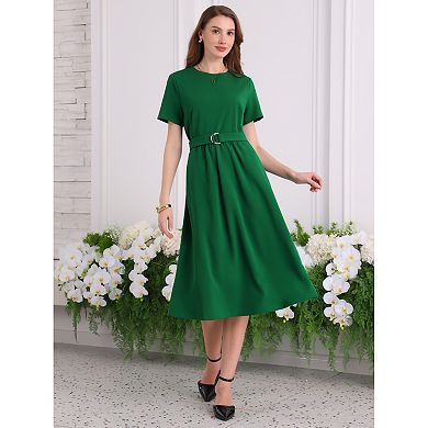 Women's A-Line Summer Dress Crew Neck Short Sleeve Belted Casual Work Flare Dresses