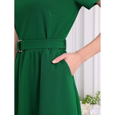 Women's A-Line Summer Dress Crew Neck Short Sleeve Belted Casual Work Flare Dresses