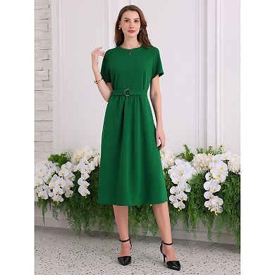Women's A-Line Summer Dress Crew Neck Short Sleeve Belted Casual Work Flare Dresses