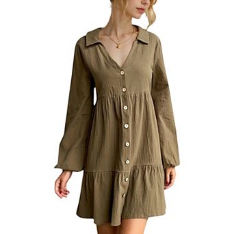 Women's Collared Button-Down Tiered Mini Dress with Long Sleeves