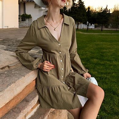 Women's Collared Button-Down Tiered Mini Dress with Long Sleeves