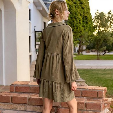 Women's Collared Button-Down Tiered Mini Dress with Long Sleeves