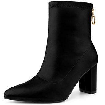Women's Pointy Toe Back Zip Block Heel Ankle Boots