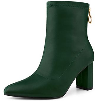 Women's Pointy Toe Back Zip Block Heel Ankle Boots