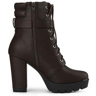 Women's Platform Ankle Boots Lace Up Block Heels Combat Boots