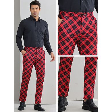 Plaid Pants for Men's Color Block Regular Fit Trousers Checked Dress Pants
