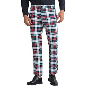 Plaid Pants for Men's Color Block Regular Fit Trousers Checked Dress Pants