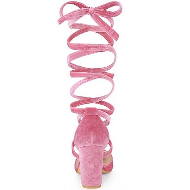 Women's Velvet Lace Up Chunky Heels Pointed Toe Pumps