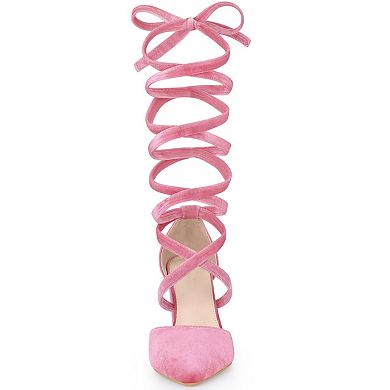 Women's Velvet Lace Up Chunky Heels Pointed Toe Pumps