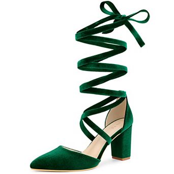 Women's Velvet Lace Up Chunky Heels Pointed Toe Pumps
