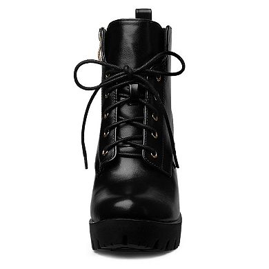 Women's Round Toe Chunky Heel Lace Up Platform Boots