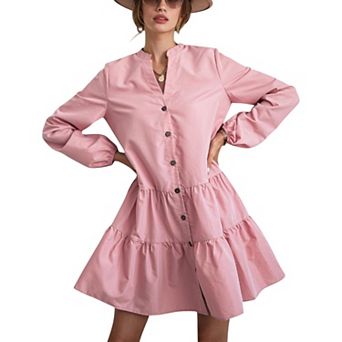 Women's Long Sleeve Button-Down Tiered Mini Dress with Stand Collar