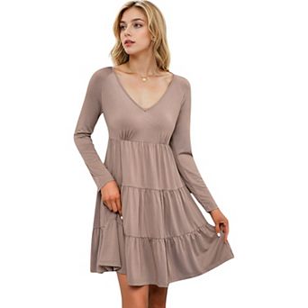 Women's Long Sleeve Tiered Mini Dress with V-Neckline