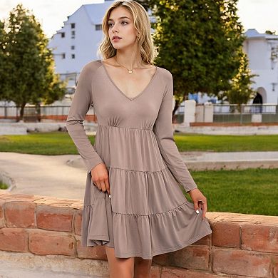 Women's Long Sleeve Tiered Mini Dress with V-Neckline