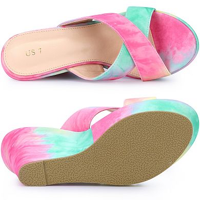 Women's Tie Dye Crisscross Strap Wedges Slip On Wedge Heel Platform Sandals
