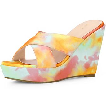 Women's Tie Dye Crisscross Strap Wedges Slip On Wedge Heel Platform Sandals