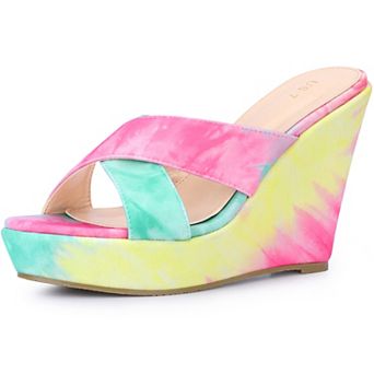 Women's Tie Dye Crisscross Strap Wedges Slip On Wedge Heel Platform Sandals