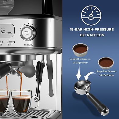 Espresso Machine 15 Bar, Milk Frother and PID Temperature Control, 8.8 Oz Bean Hopper